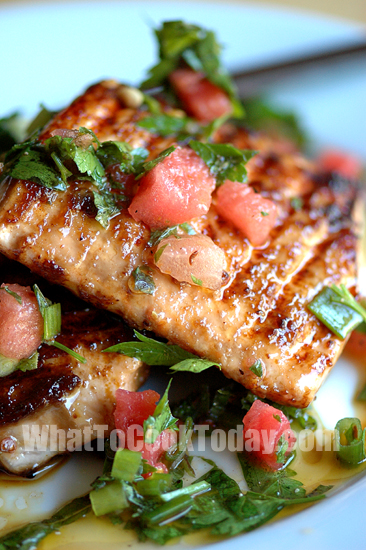 GRILLED SALMON WITH WATERMELON SALSA VERDE GRILLED SALMON WITH WATERMELON SALSA VERDE