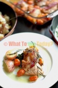 30-MINUTE MEAL: TRAY-BAKED CHICKEN, SQUASHED POTATOES AND CREAMED SPINACH