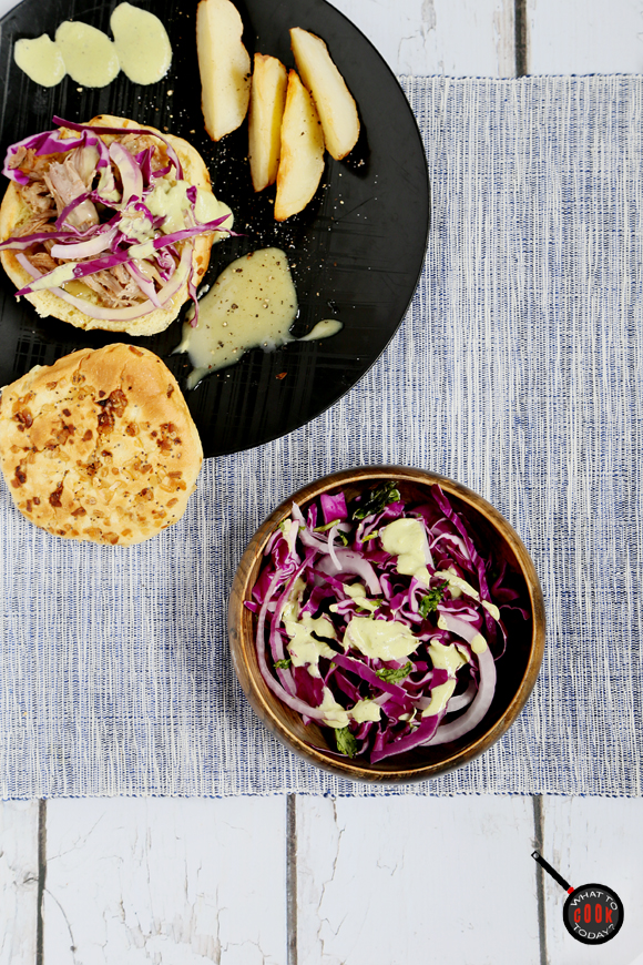 PULLED PORK WITH BLACK PEPPER VINEGAR SAUCE AND GREEN ONION SLAW