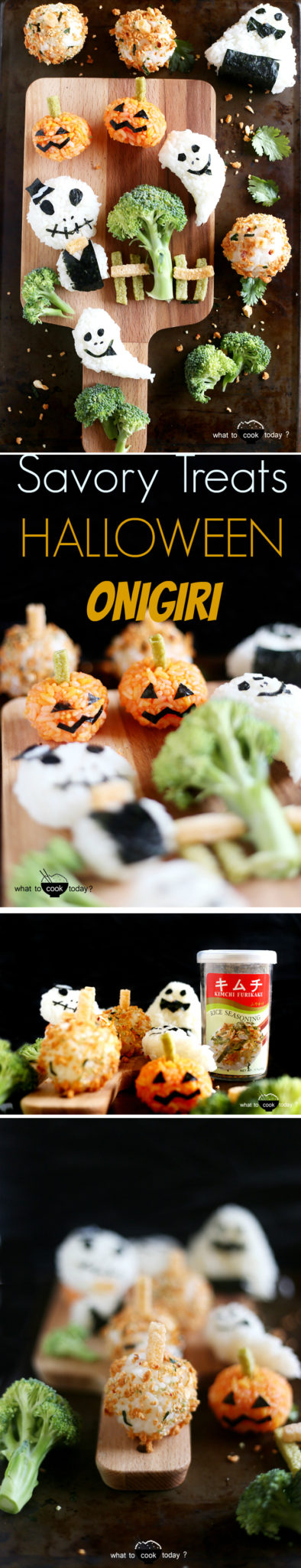 Onigiri for Halloween. Made with rice, Nori seaweed, Veggie straws, etc. Kids will have fun without extra sweets. They have enough sweets in their buckets ;)