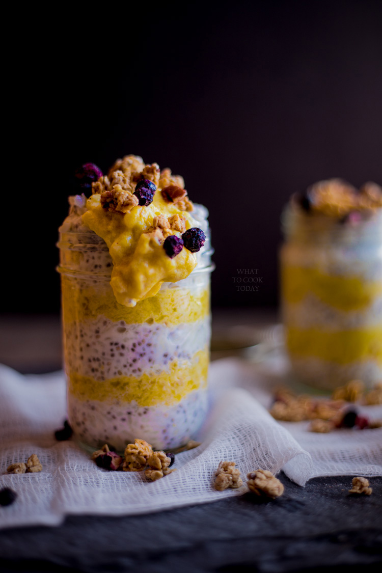 Rice chia pudding with coconut mango sauce and super grains topping