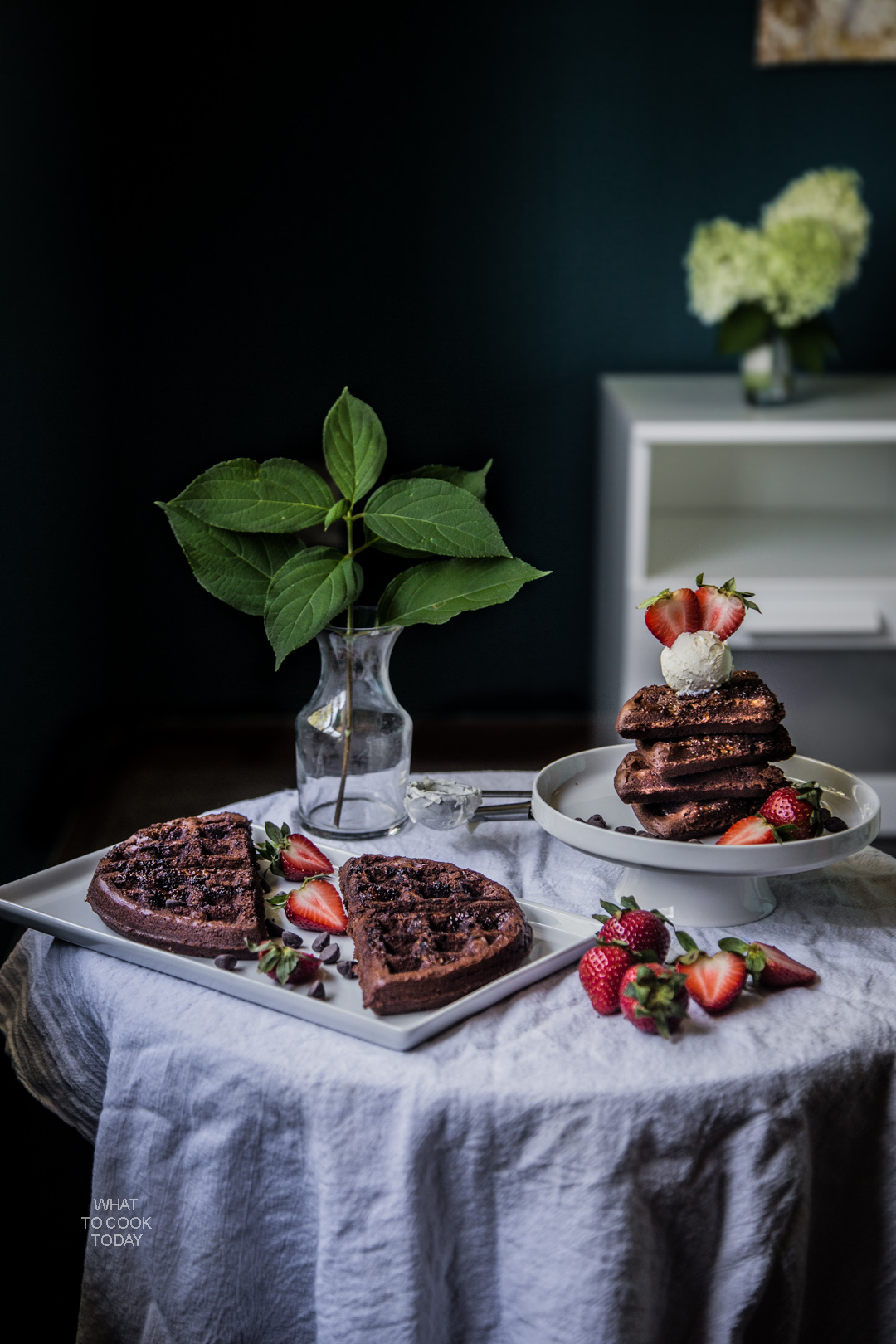 brownie waffles with mascarpone and berries