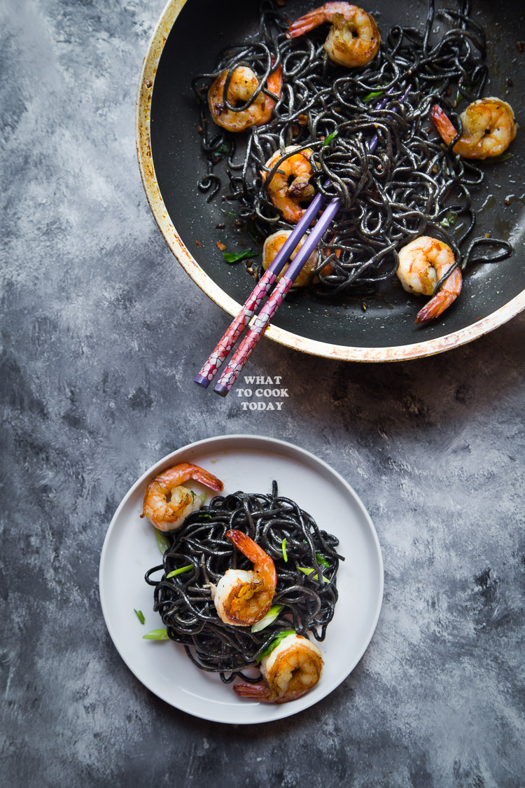 Homemade Squid Ink Ramen and Buttered Ramen with Shrimp Stir-fry