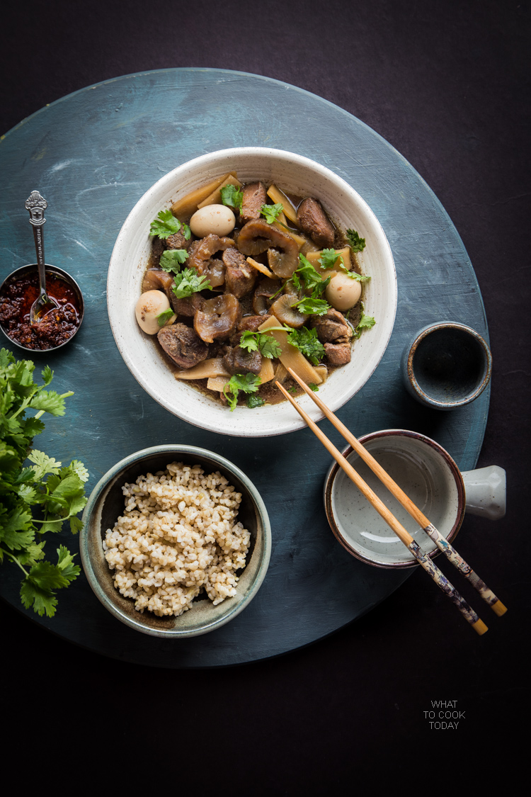 Braised pork with sea cucumber. Made with pork butt, sea cucumber, bamboo shoots, and quail eggs braised in seasonings and spices