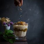 Creamy coconut rice pudding with rhubarb compote