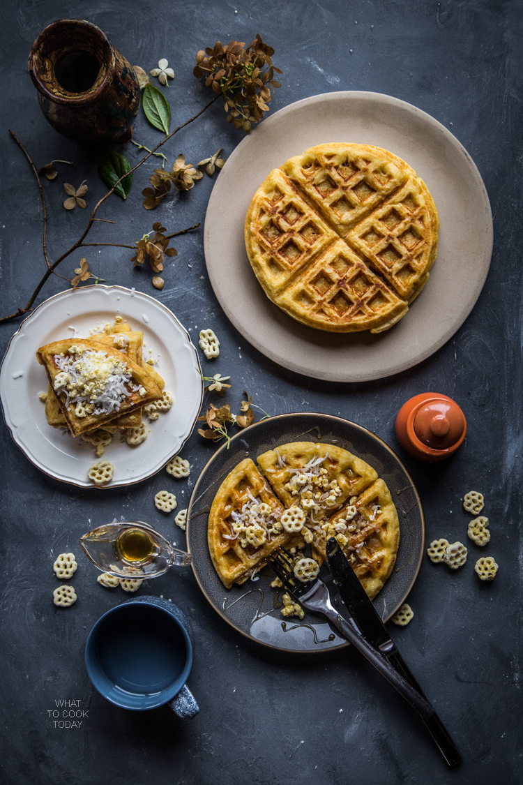 Coconut cereal Belgian waffles. Easy delicious Belgian waffles with honey comb cereal #SingWithPost #CerealAnytime #ad