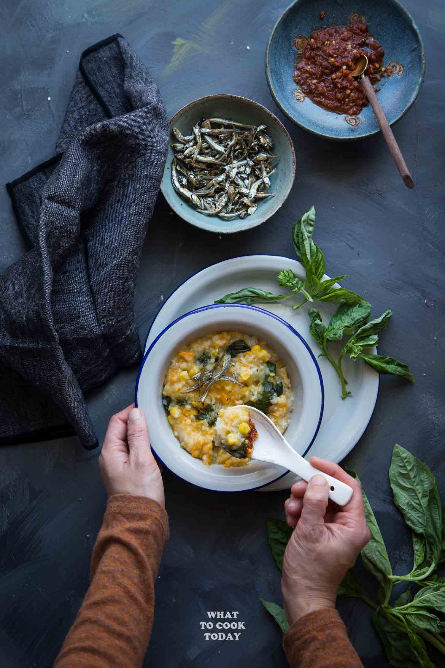 Bubur Manado Tinutuan (Manadonese porridge). Loaded with tubers, vegetables and served with delicious Indonesian toppings. Gluten-free, vegan, dairy free. Instant pot recipe is included