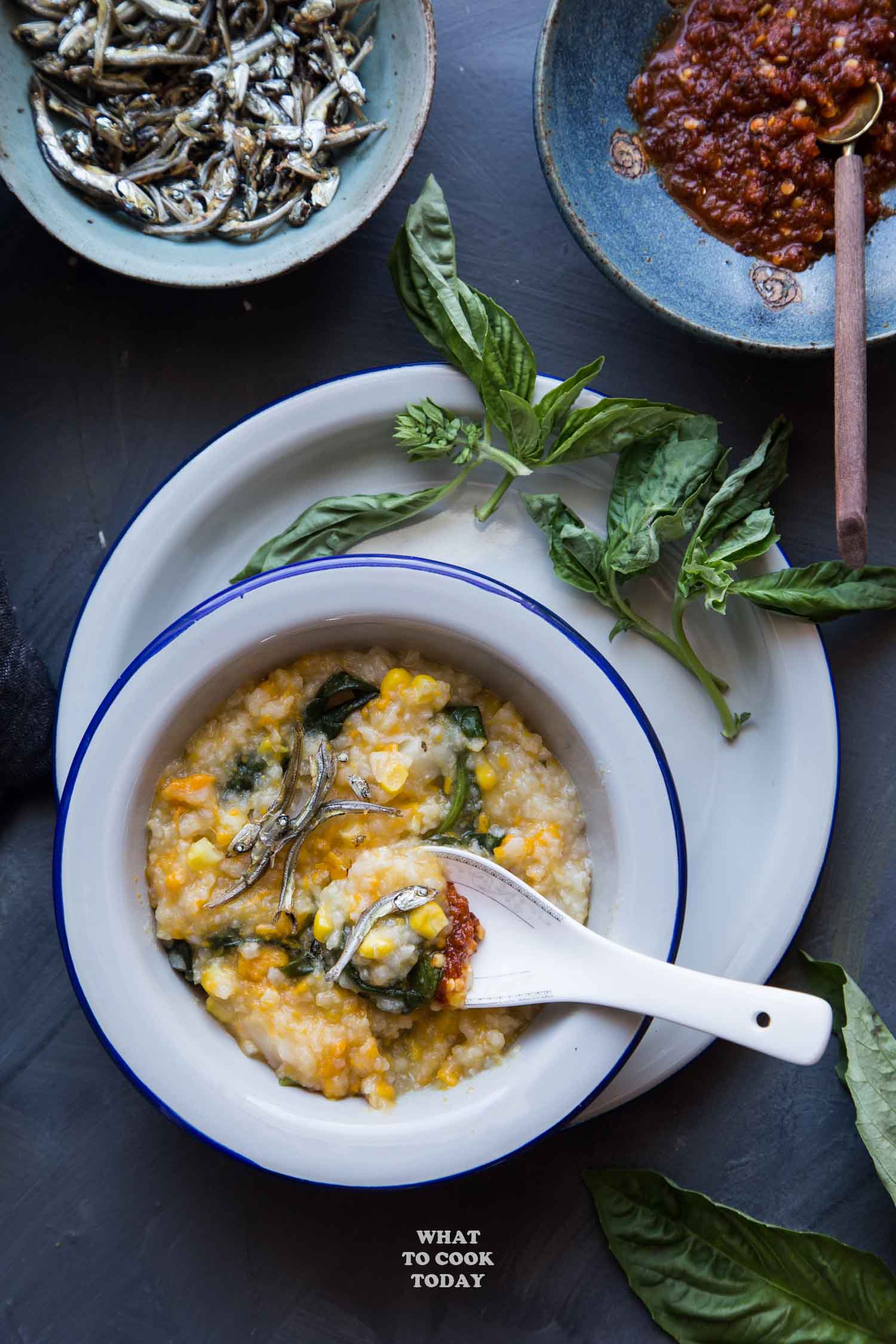 Bubur Manado Tinutuan (Manadonese porridge). Loaded with tubers, vegetables and served with delicious Indonesian toppings. Gluten-free, vegan, dairy free. Instant pot recipe is included