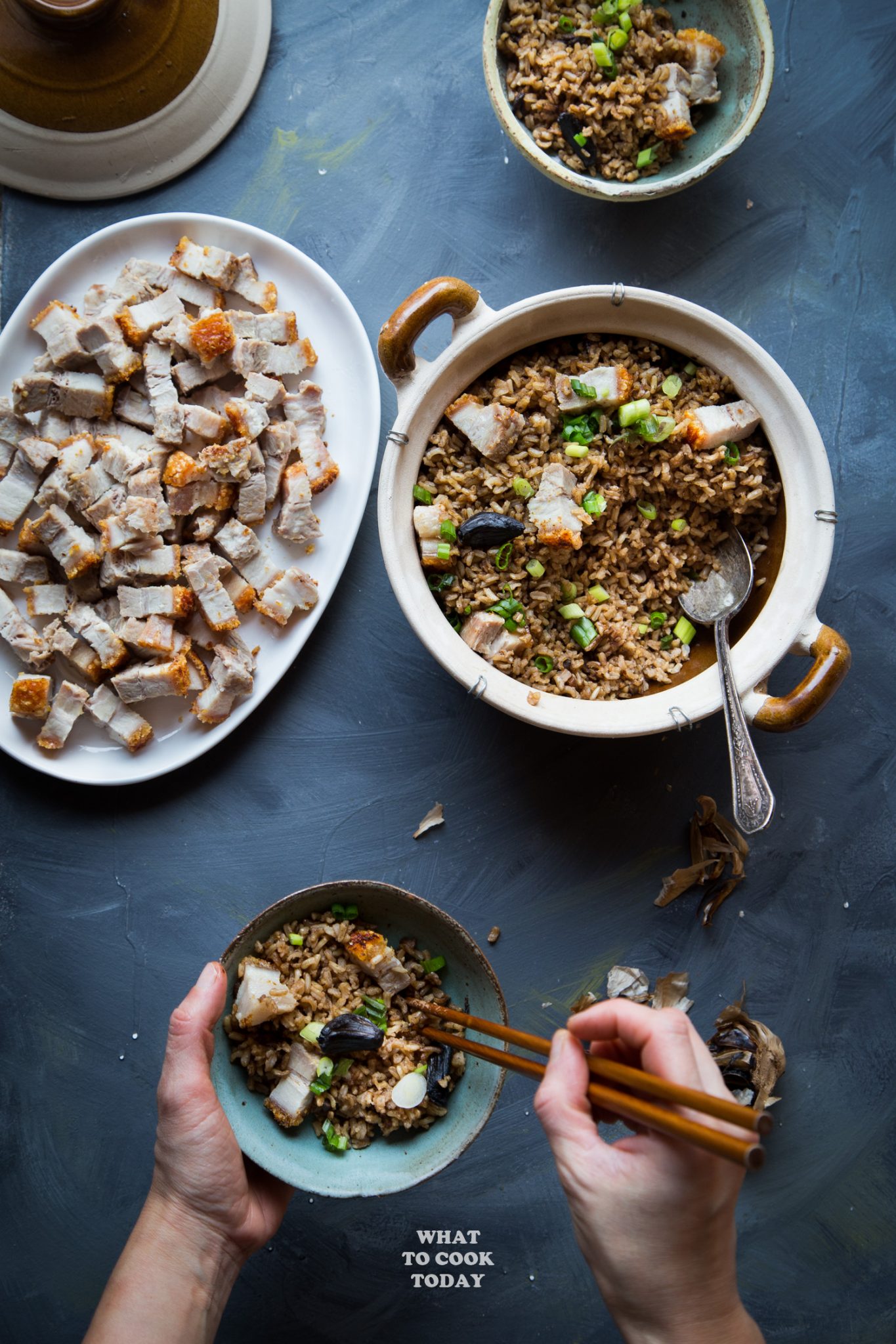 Crispy Roast Pork Black Garlic Rice #blackgarlic #porkbelly #rice 