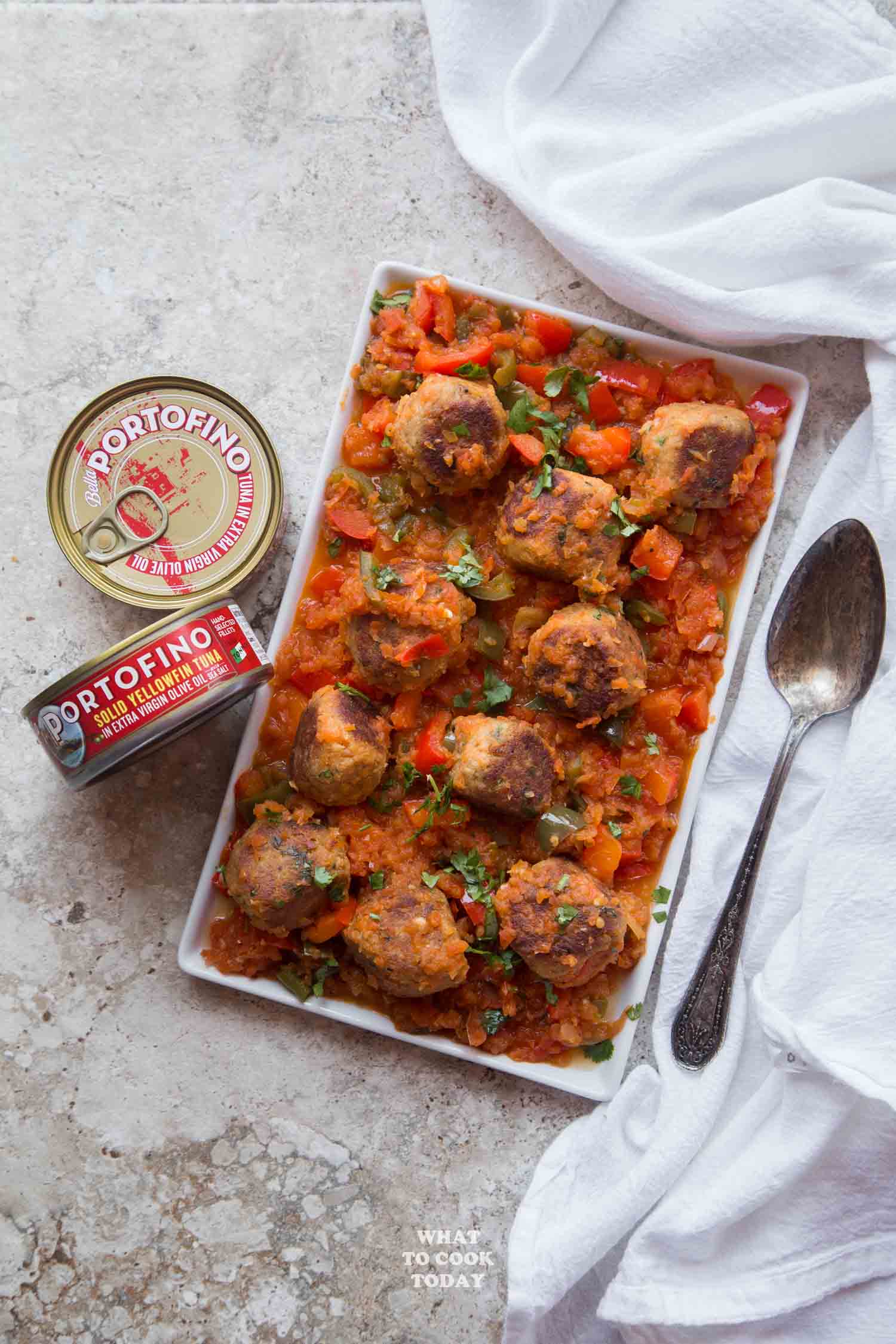 One-pan Tuna Meatballs in Green Chile Tomato Sauce