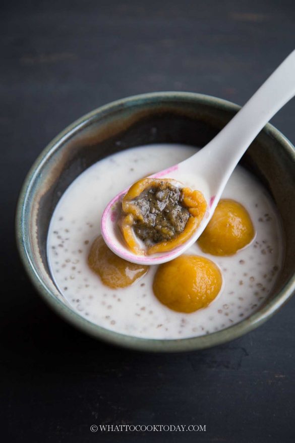 Pumpkin Black Sesame Tang Yuan with Tapioca Pearls and Coconut Milk