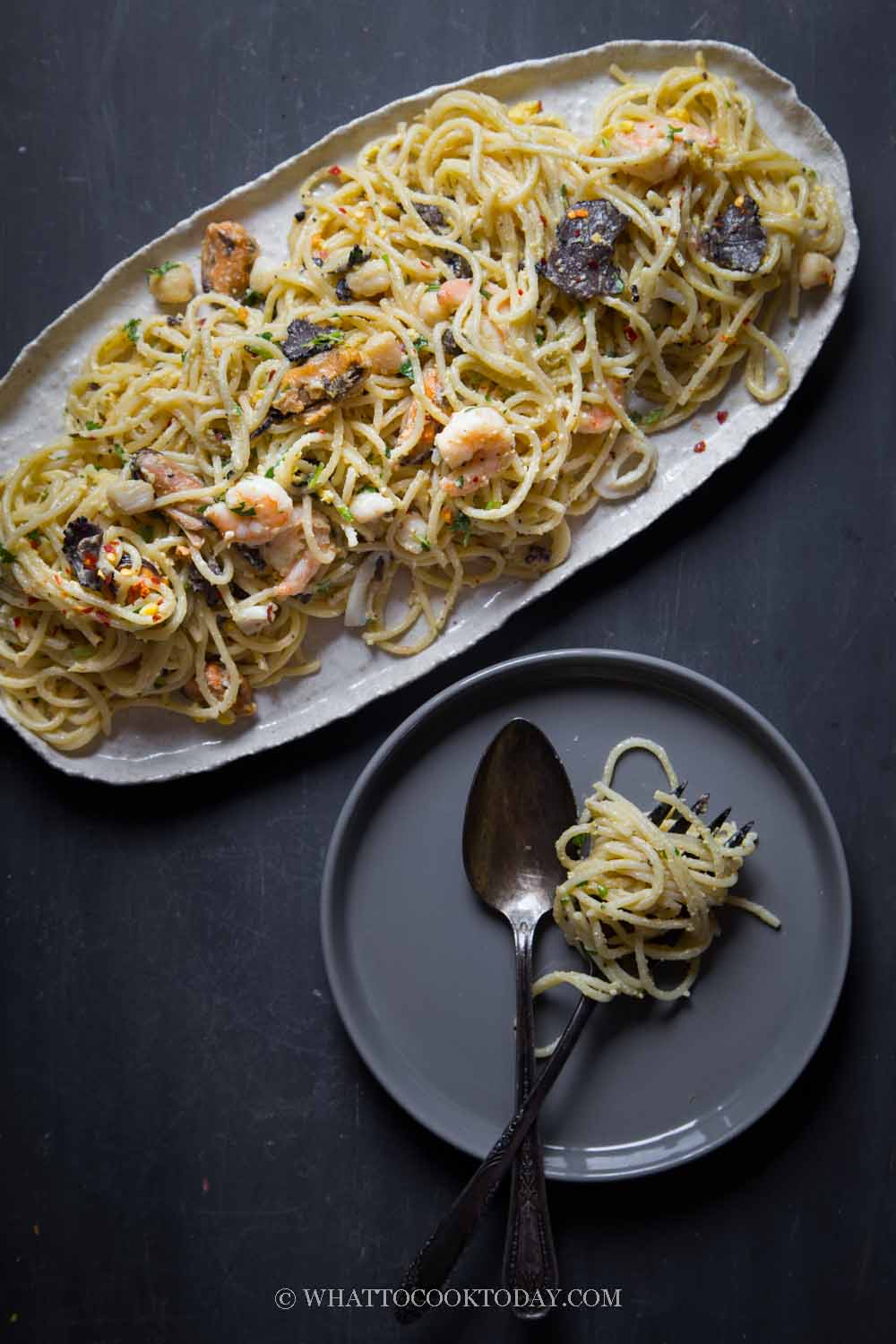 Salted Egg Yolk Seafood Pasta with Black Truffles