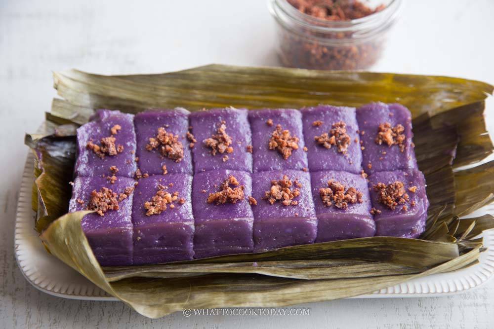 Ube Kalamay with Latik (Filipino Steamed Ube Sticky Rice Cake)