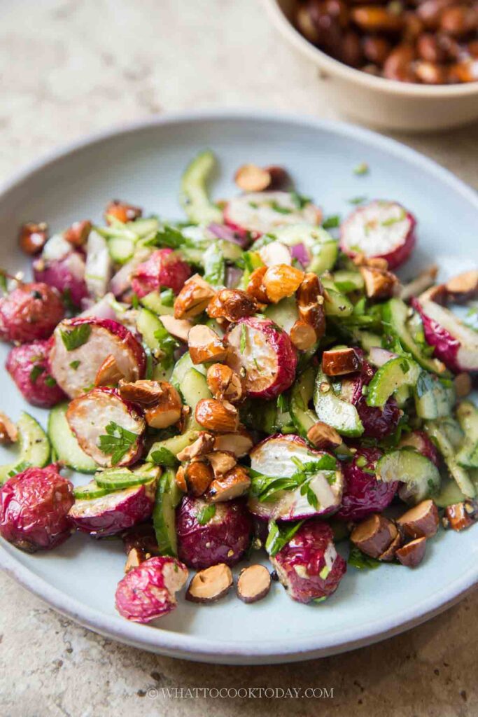 Roasted Radish Cucumber Salad with Maple Roasted Almonds