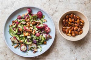 Roasted Radish Cucumber Salad with Maple Roasted Almonds