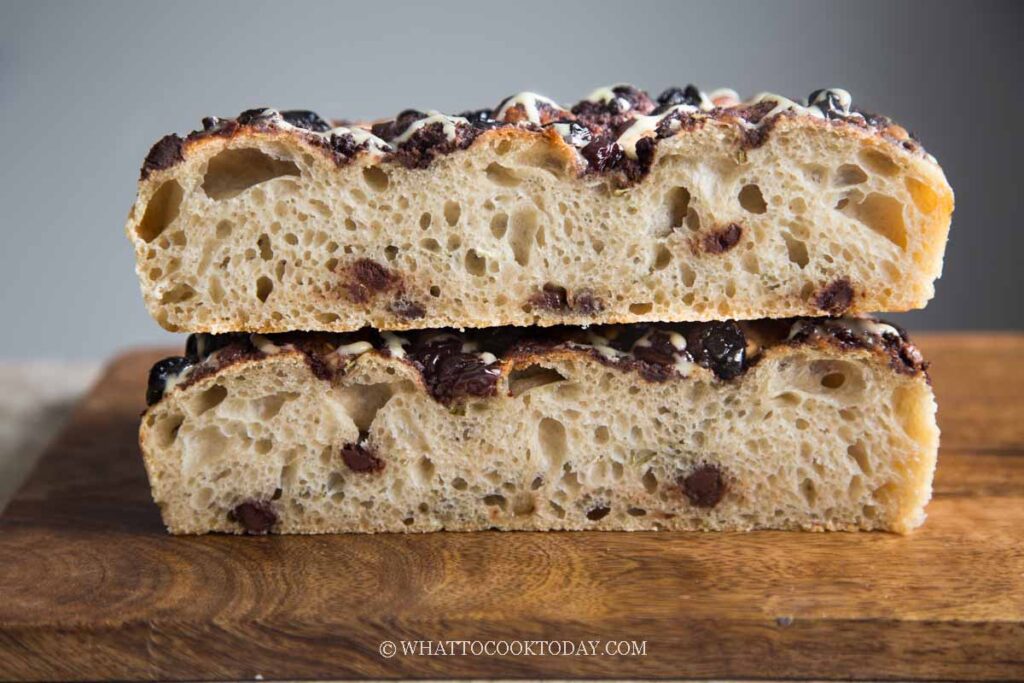 Chocolate Cherry Sourdough Focaccia with Rosemary and Orange Glaze