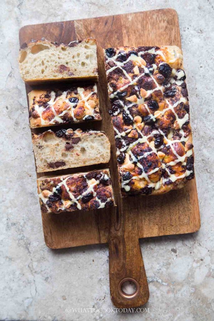 Chocolate Cherry Sourdough Focaccia with Rosemary and Orange Glaze